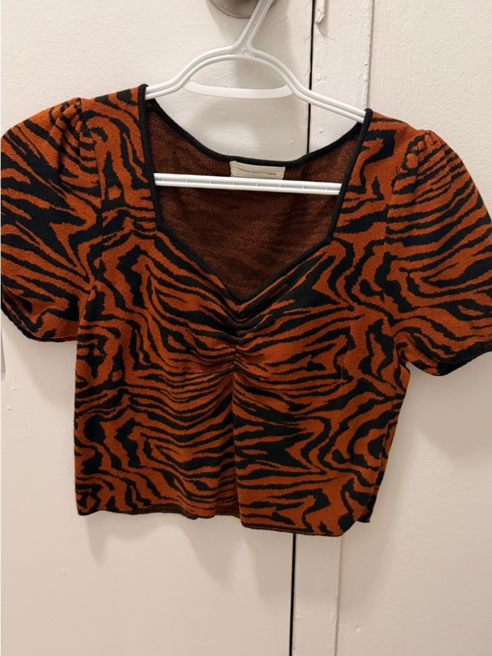 Urban Outfitters Black and Rust Tiger-Print V-Neck Ruched Crop Top
